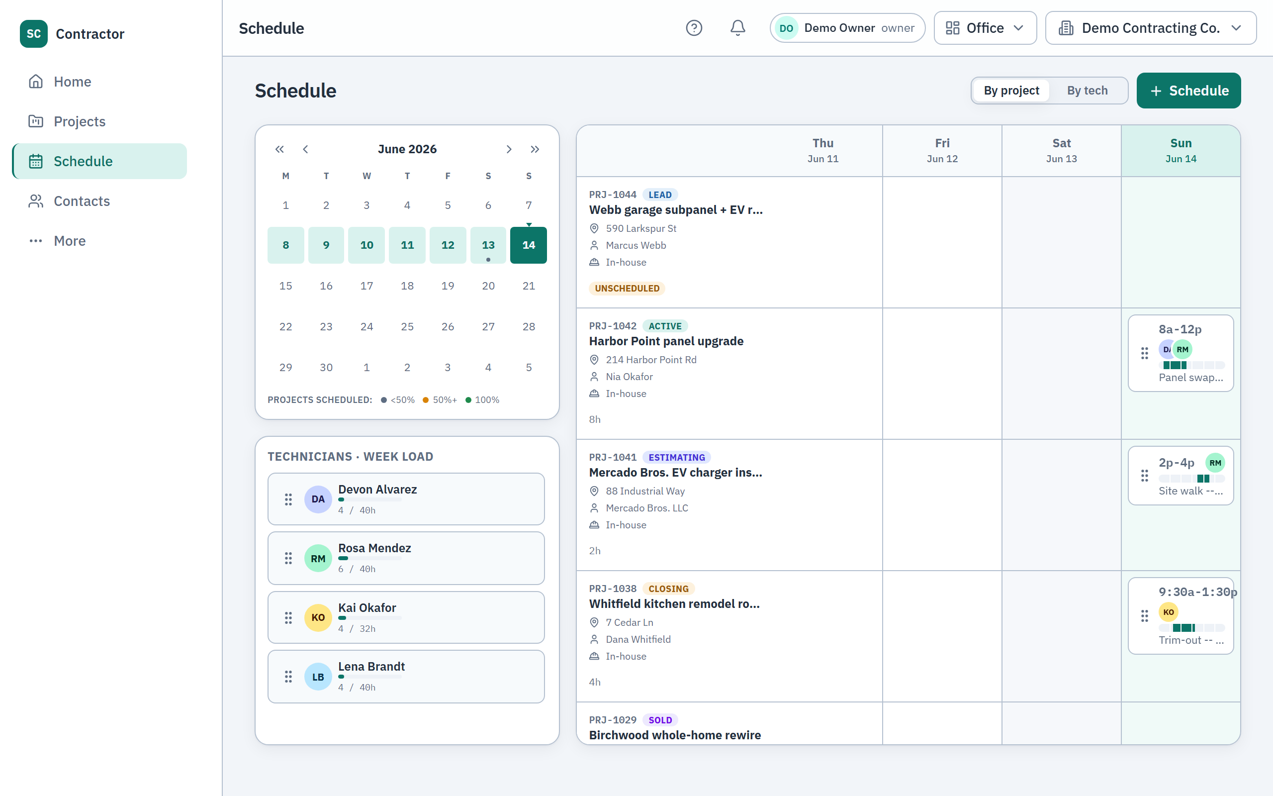 The Simple Contractor CRM scheduling board: a matrix of technicians by days with colored appointment chips you drag to reassign.